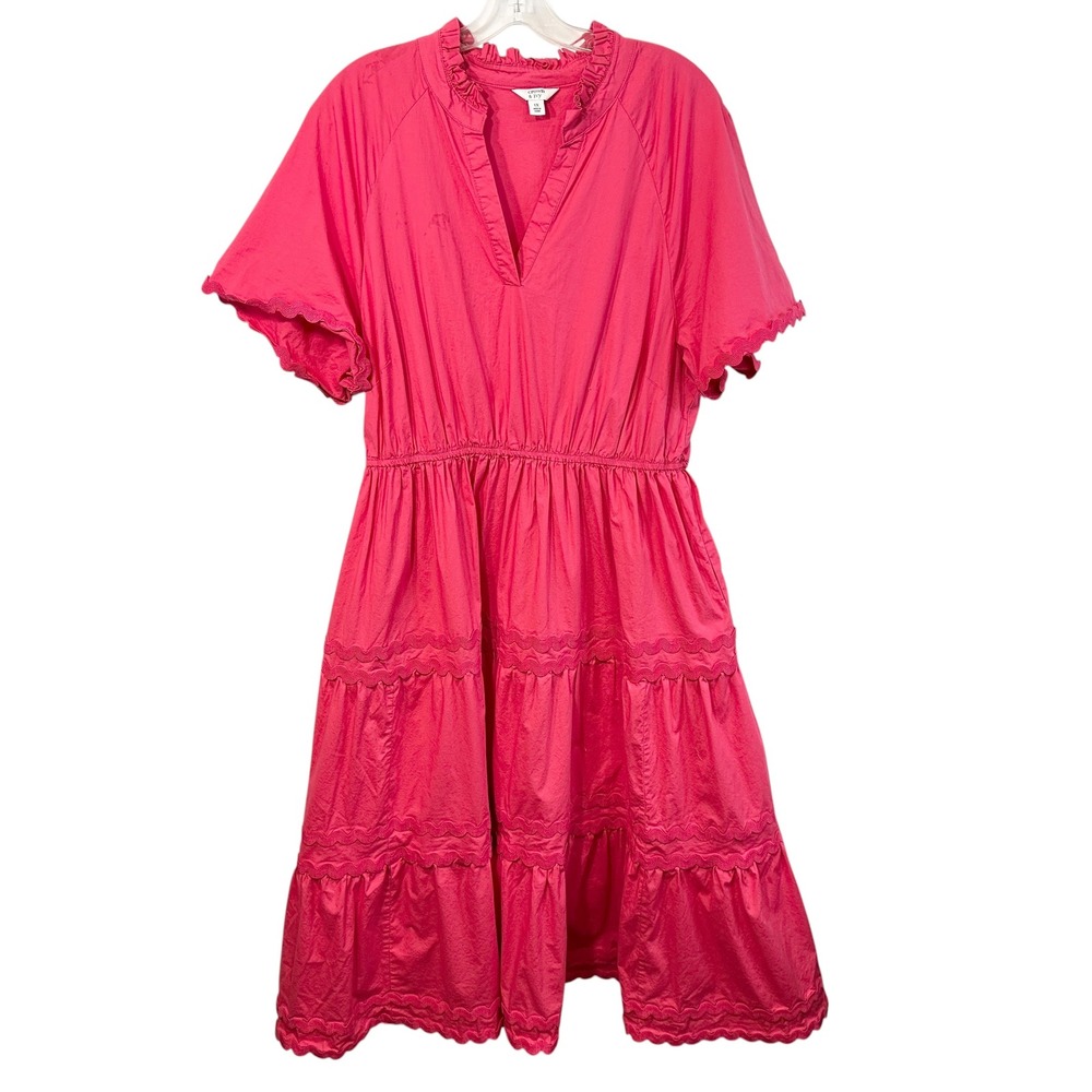 Crown & Ivy Plus Size 1X Midi Dress Maxi Hot Pink‎ Tiered Ruffle Poplin 1465